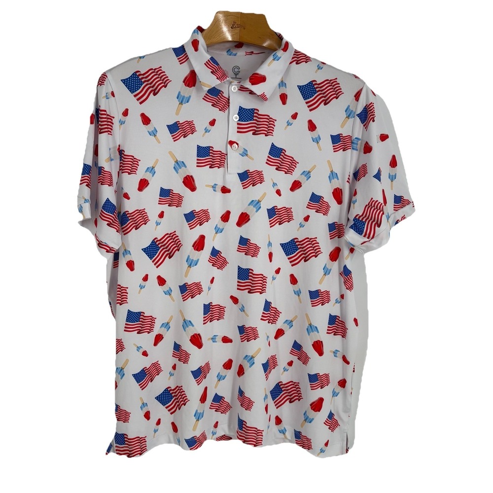 Caddy Cart Men Golf Polo Shirt XL Red White Blue Bomb Pop Flag America Patriotic